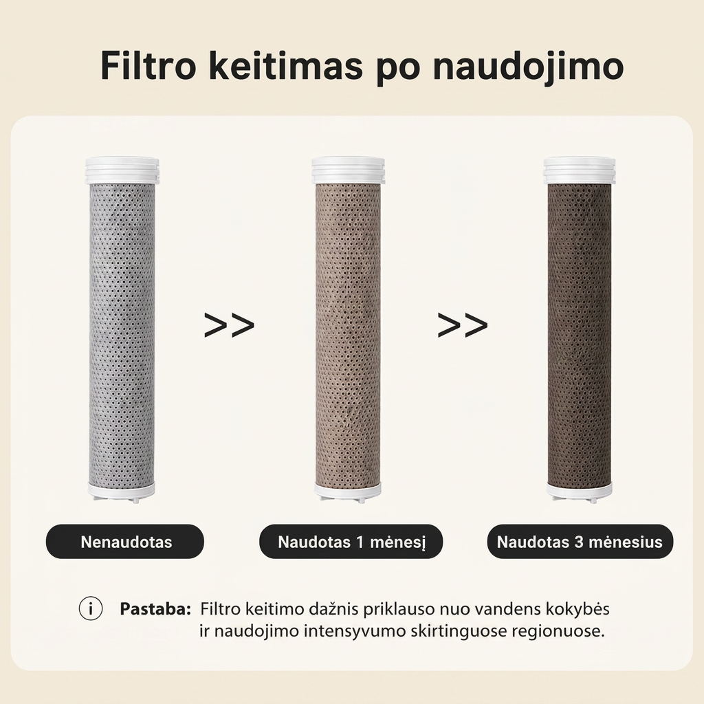 RASA filtro pokyčiai: nenaudotas, po 1 mėnesio ir po 3 mėnesių