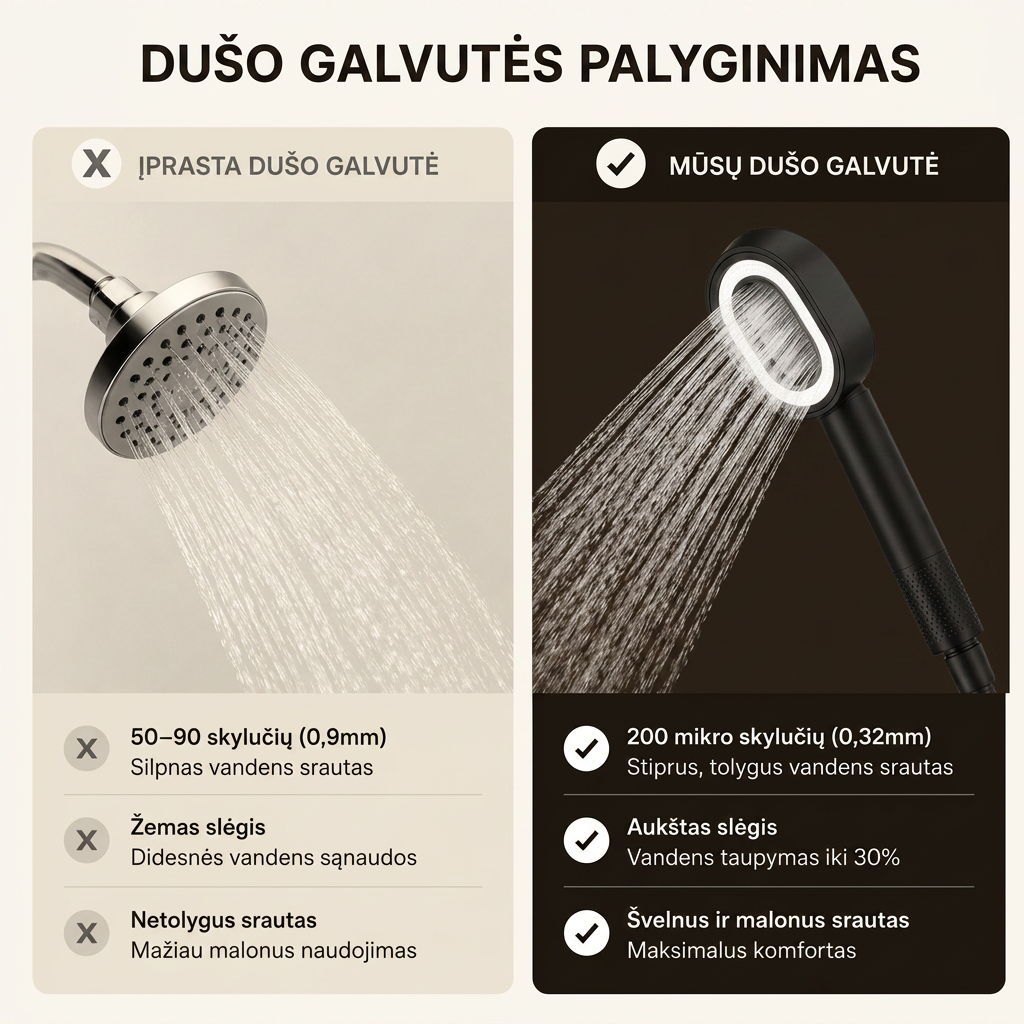 RASA ir įprastos dušo galvutės palyginimas — srautas ir slėgis